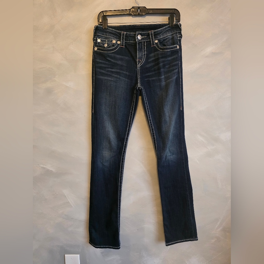 True Religion Billie Mid Rise Slim Straight Jean Dark Wash Whiskers Sz 29